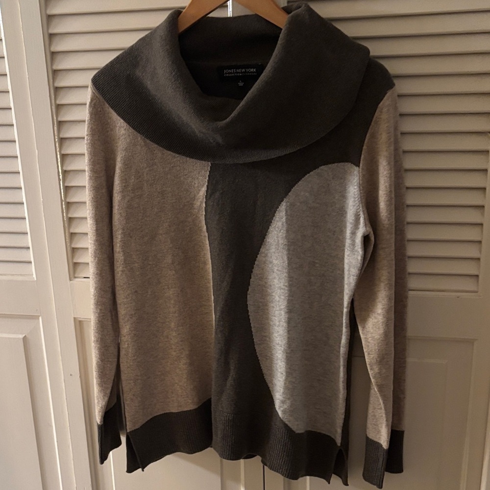 Jones New York Gray & Tan Cowl Neck Sweater 100% Cashmere